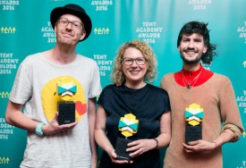 Michiel Ubels (winner of the TAA, Sabine Himmelsbach on behalf of Pascal Reinmann (winner of the Best Foreign Film Award), Dinu Comendant (winner of the Audience Award) Photo Aad Hoogendoorn