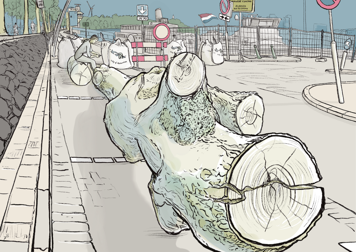 Frank Stoks. De weg en parkeerplaatsen bij Tropicana zijn versperd met zandzakken en boomstammen.